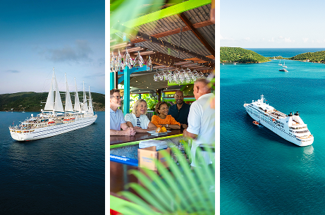 Windstar yacht, guests dining, aerial harbor view